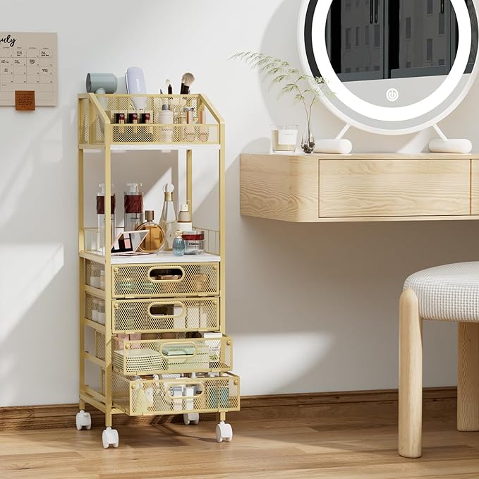 HapiRm Makeup Organizer Storage Cart - Floor Skincare Make Up Storage with 4 Drawers, Rolling Makeup Cart Vanity Organizer Cosmetics Display Cases Holder for Skin Care Perfume Nail Polish, Gold