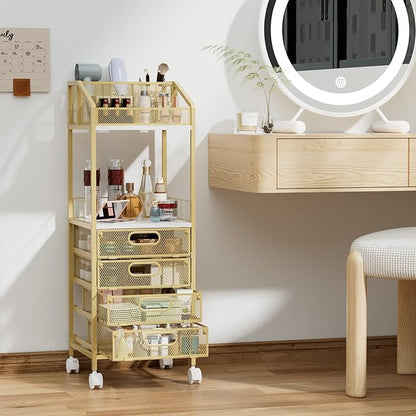 HapiRm Makeup Organizer Storage Cart - Floor Skincare Make Up Storage with 4 Drawers, Rolling Makeup Cart Vanity Organizer Cosmetics Display Cases Holder for Skin Care Perfume Nail Polish, Gold