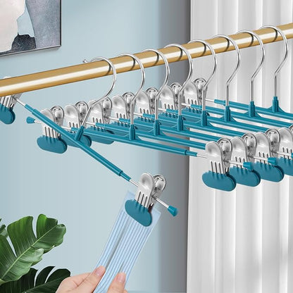 Clothes Pants Hangers with Wide Clips 10 Pack,Non-Slip Adjustable Skirt Hanger for Women,Space-Saving Heavy Duty Men Hangers for Pants,Trousers,Jeans,Shorts 12Inch Blue