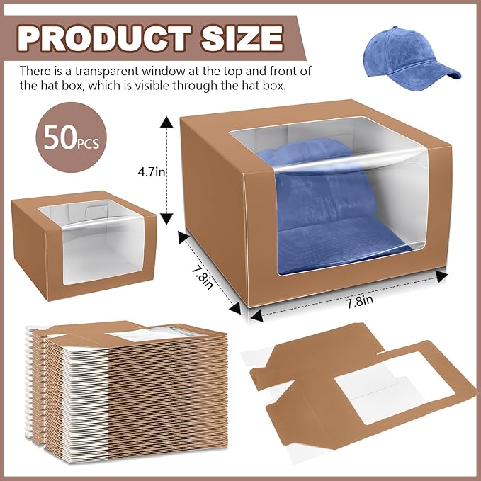DoubleFill 50 Pcs Hat Boxes with Clear Window, Foldable Gift Boxes for Baseball Caps, Storage, Display and Shipping (Brown)