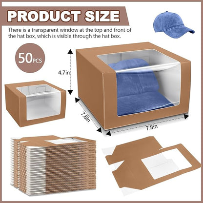 DoubleFill 50 Pcs Hat Boxes with Clear Window, Foldable Gift Boxes for Baseball Caps, Storage, Display and Shipping (Brown)