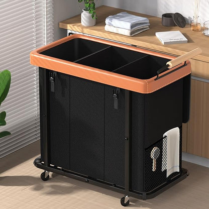 60 Gal (230L) Laundry Hamper 3 Section with Lid, Leather Patchwork Laundry Sorter with Rolling Lockable Wheels and Handle, Laundry Basket Organizer for Laundry Room, Bedroom and Bathroom - Black
