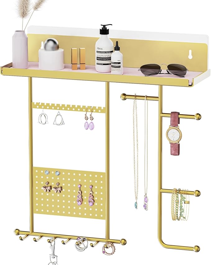 Saydear Wall Mounted Jewelry Organizer with Shelf: Metal Display Stand with Velvet Pad, Multi-Layer Necklace Hanging Rack for Bedroom Bathroom Space Saving No-Drill Wall Decor