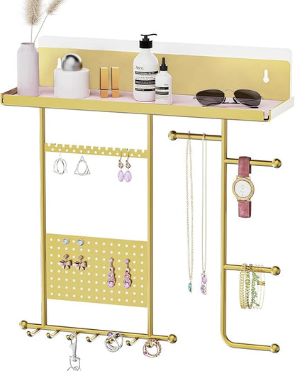 Saydear Wall Mounted Jewelry Organizer with Shelf: Metal Display Stand with Velvet Pad, Multi-Layer Necklace Hanging Rack for Bedroom Bathroom Space Saving No-Drill Wall Decor