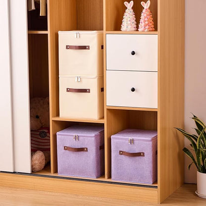 2PCS Storage Cubes with Lid Fabric Storage Bins Boxes PU Leather Handles Cotton Linen Closet Organizer Container Decorative Foldable Washable Shelf Cloth Basket (Zipper Lid, Beige, 11in)