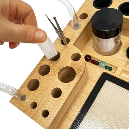 Bamboo Desk Organizer,Carving Tool Organizer with Non-sticky Mat and Silicone Container (28 x 24 x 4.5cm)