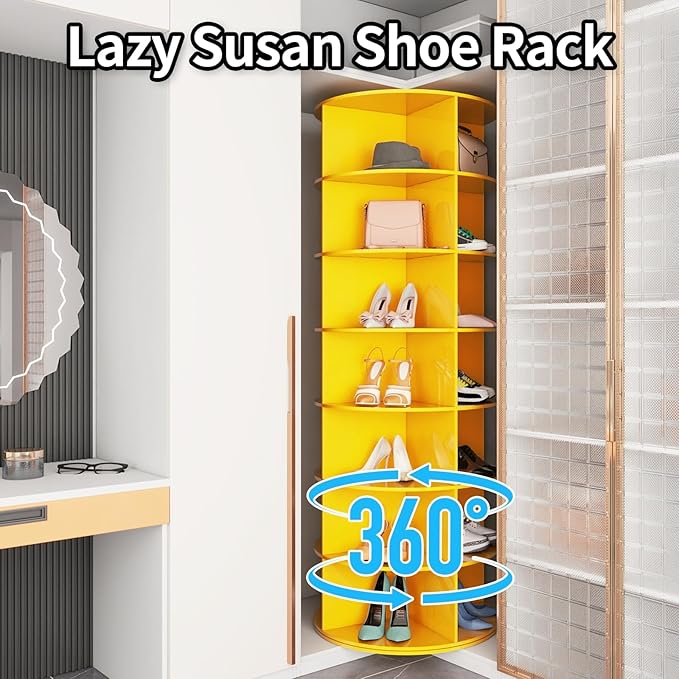 7 Tier Rotating Shoe Rack Tower, Easily Assembled Lazy Susan Shoe Organizer, 360° Spinning Shoe Rack Circular Storage, Multi-Purpose Rotating Storage Tower