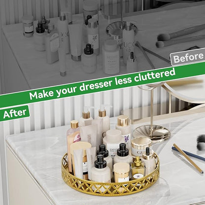 EKNITEY Bathroom Counter Vanity Tray - Perfume Makeup for Dresser Tops Gold Round Serving Candle Decorative Storage Home Decor 11'' Floral-gold