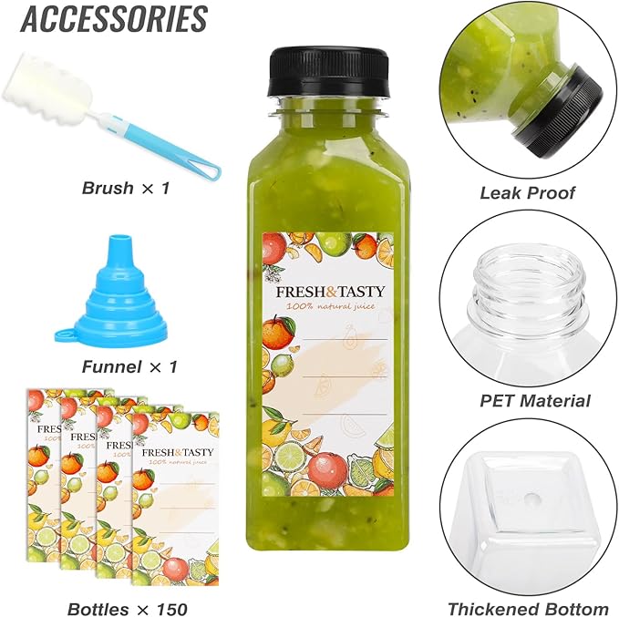 TOMNK 150pcs Juice Bottles, 12oz Reusable Plastic Juice Bottles with Caps and Labels, Funnel, Brush Beverage Containers for Juicing, Smoothies, Tea, Milk