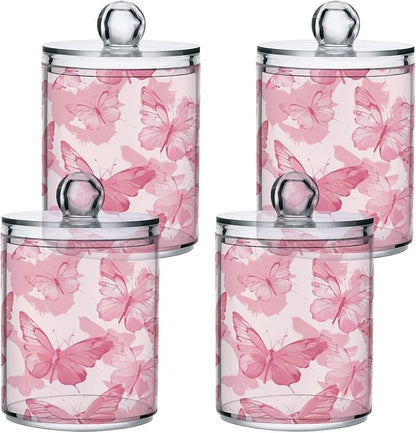 2 Pack Pink Butterflies Apothecary Jars with Lid, Qtip Holder Storage Containers for Cotton Ball, Swabs, Pads, Clear Plastic Canisters for Bathroom Vanity Organization (10 Oz)