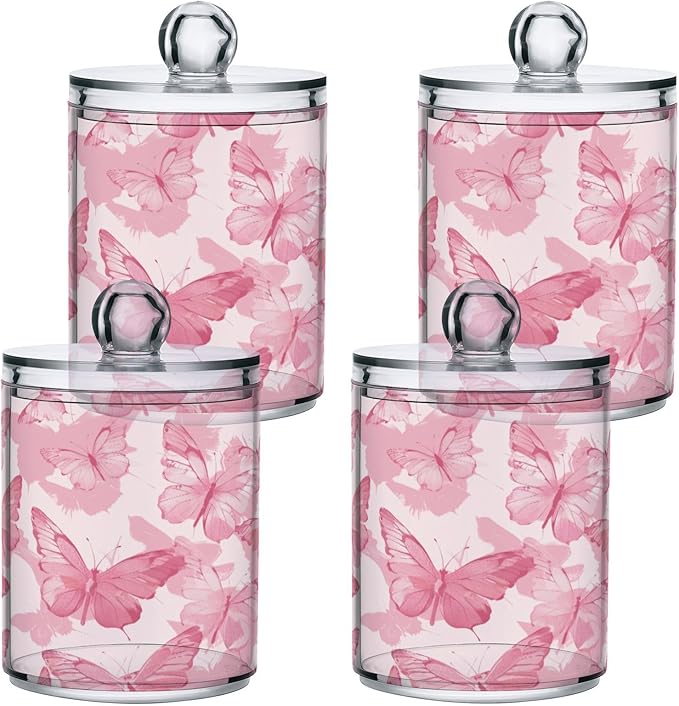 4 Pack Pink Butterflies Apothecary Jars with Lid, Qtip Holder Storage Containers for Cotton Ball, Swabs, Pads, Clear Plastic Canisters for Bathroom Vanity Organization (10 Oz)