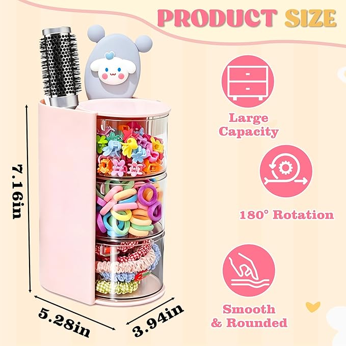 Azurphoric Hair Accessories Organizer with Hair Brush Holder, Rotatable Makeup Brush Holder for Necklaces, Earring, Bracelet, Ring, Makeup Brushes, Hair Clip and Hair Accessories (Pink, 3-Layer)