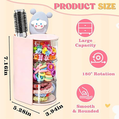 Azurphoric Hair Accessories Organizer with Hair Brush Holder, Rotatable Makeup Brush Holder for Necklaces, Earring, Bracelet, Ring, Makeup Brushes, Hair Clip and Hair Accessories (Pink, 3-Layer)