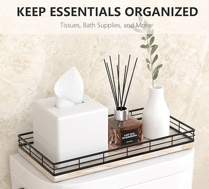 Toilet Paper Basket Organizer – Ash Wood Toilet Tank Tray with Metal Frame, Bathroom Counter Top Storage for Toilet Paper Wipes & Decor, Modern Narrow Back of Tank Shelf Organizer, Black & Whitewashed