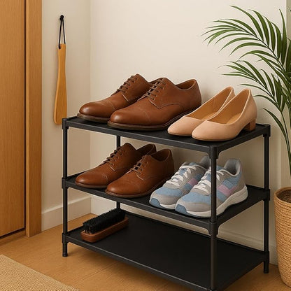 3-Tier Metal Shoe Rack Storage Organizer Set – Includes Wooden Shoe Horn & Brush – Free-Standing Shoe Shelf for Entryway & Closet