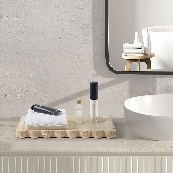 Real Natural Scalloped Travertine Tray for Bathroom, Vanity, Kitchen and Desktop, Decorative Stone Tray for Jewelry, Cosmetics, Candles, Lotion, Perfume and Home Décor (Travertine, 12" x 8")