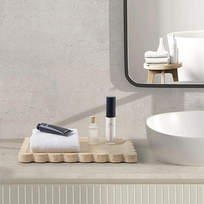 Real Natural Scalloped Travertine Tray for Bathroom, Vanity, Kitchen and Desktop, Decorative Stone Tray for Jewelry, Cosmetics, Candles, Lotion, Perfume and Home Décor (Travertine, 12" x 8")