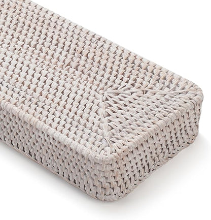 Rattan Bathroom Vanity Trays Toilet Tank Baskets Long Narrow Hand Towel Storage Basket for Storage, Decorative (Whitewash 16.3 x 6.1 x 2 inch)