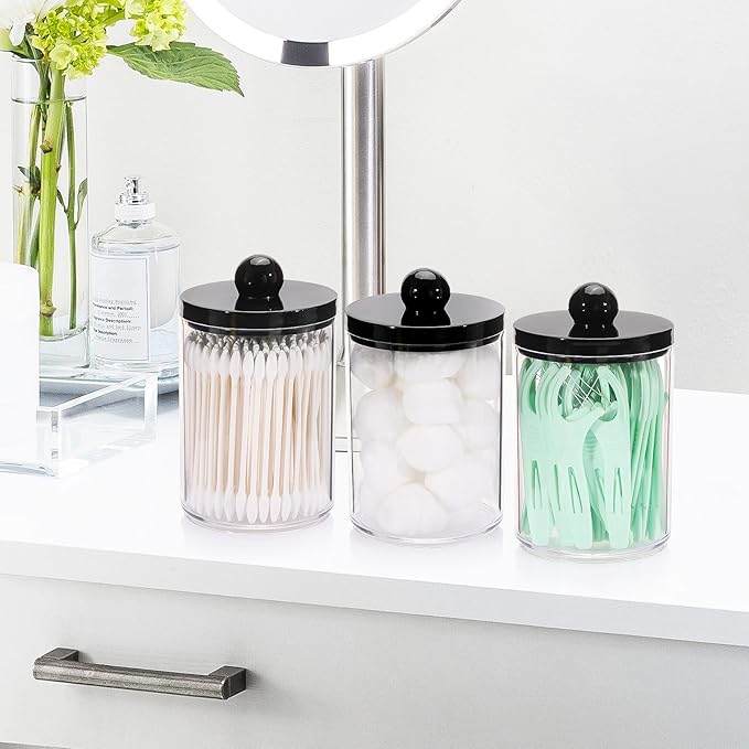 Tbestmax 10oz Qtips Holder - Bathroom Organizers and Storage Containers Plastic Apothecary Jar with Black Lids for Cotton Swab, Cotton Round Pads, Floss - Black