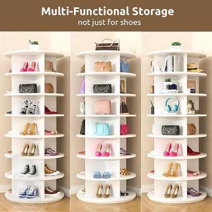 Rotating Shoe Rack 7 Tier Spinning Shoes Organizer Tower for 28-32 Pairs Lazy Susan 360 Revolving Shoe Storage Cabinet Rotate Shoe Handbag Rack Round Carousel for Closet, Bedroom (White)