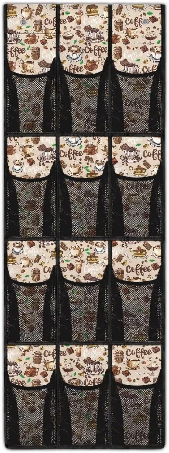 12-Compartment Over The Door Hanging Storage Bag, Waterproof Dirt-Resistant and Easy to Fold for Compact Storage, Coffee Print
