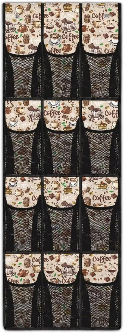 12-Compartment Over The Door Hanging Storage Bag, Waterproof Dirt-Resistant and Easy to Fold for Compact Storage, Coffee Print