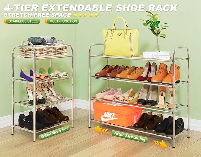 4-Tier Expandable Shoe Rack – Adjustable Heavy Duty Organizer Shelf | 100% Stainless Steel & 4-Rod Stretchable | Small Space Shoe Rack for Closet Entryway (15" to 27", Silver)