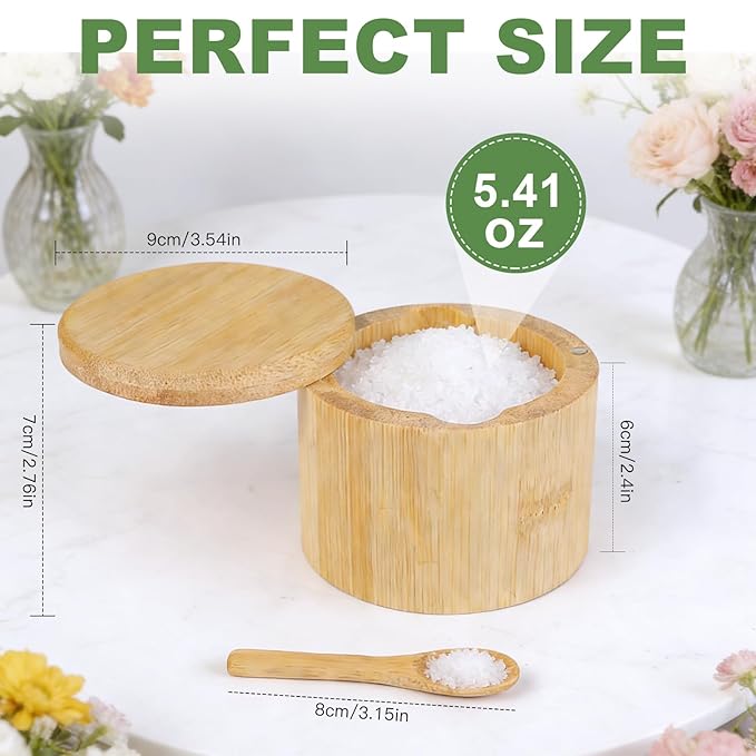Ninsula Bamboo Salt Cellar, 360° Magnetic Swivel Lid Salt Container with Built-in Spoon for Storing Table Salt, Pepper, Sugar, Sea Salt, Spices, and Herbs