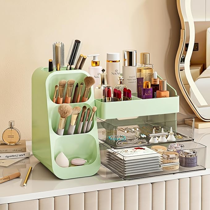 Makeup Organizer with Drawers,Large Capacity Countertop Organizer for Vanity,Bathroom and Bedroom Desk Cosmetics Organizer,Easy To Storage Skincare,Brushes,Lotions (Green)
