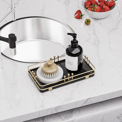 Bathroom Vanity Tray for Toiletries Makeup Perfume Candle Toilet Tank, Kitchen Tray for Soap Dispenser Spice Salt, Small Tray for Countertop Decor Coffee Nightstand 7.9”x4.4” Black-Gold