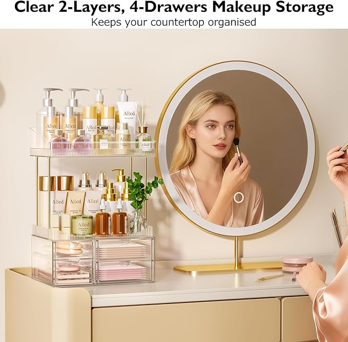 SNSLXH 4 Drawers Makeup Organizer - 4 Tier Makeup Storage, Cosmetics Organiser, Ideal for Cosmetic, with Drawers for Countertop, Bathroom, Office Supplies, Dresser Transparent Clear