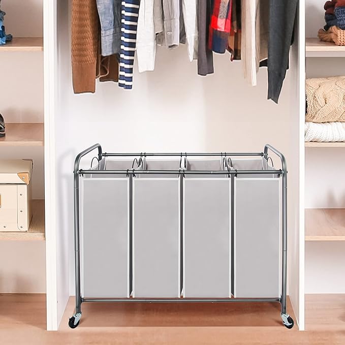 STO STO Laundry Sorter 4 Section, 4 Bag Clothes Hamper, Rolling Laundry Cart Basket with Heavy Duty Lockable Wheels and Removable Bag for Laundry Room, Bedroom, Closet, Gray