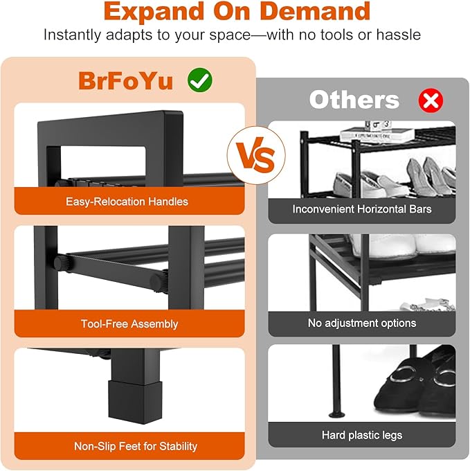 Expandable Shoe Rack for Small Spaces, Adjustable Width 18.5"–33", 3-Tier Sturdy Metal Shoe Organizer for Entryway, Closet, Bedroom Garage Dorm, Free Standing Shoe Organizer 12 Pairs with Hooks, Black