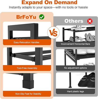 Expandable Shoe Rack for Small Spaces, Adjustable Width 18.5"–33", 3-Tier Sturdy Metal Shoe Organizer for Entryway, Closet, Bedroom Garage Dorm, Free Standing Shoe Organizer 12 Pairs with Hooks, Black