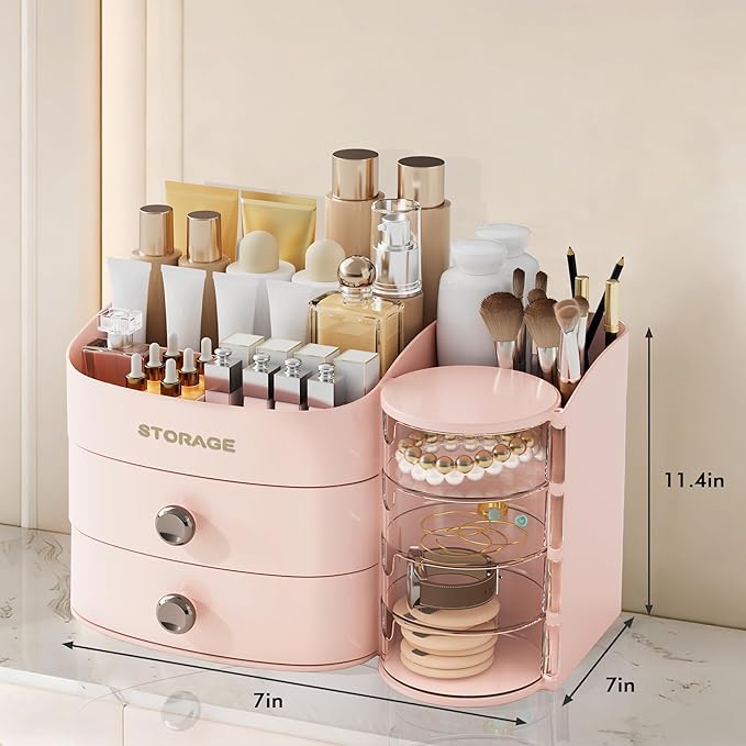XIAPIA Makeup Organizer Countertop, Make Up Organizer for Vanity, Skincare & Cosmetic Organizers with Drawers, Bathroom Organizers Storage for Brush Holder|Lipstick|Jewelry, Ideal Gift for Women PINK