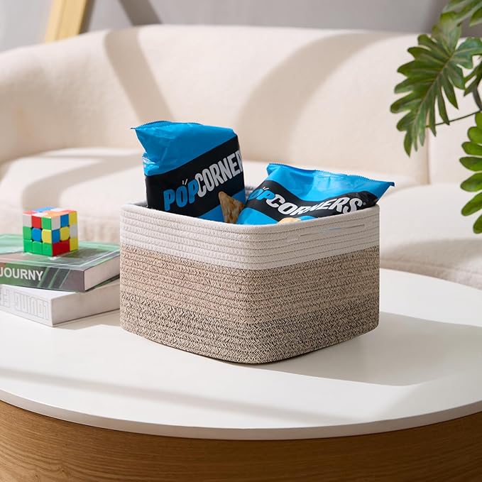 MiniArk Small Organizing Baskets for Cubes Shelf, 9.7x9.7x7.1 Inch Rope Woven Storage Bins for Nursery Shelves Storage, Cute Toy Basket, Square 3 Packs Gradient Brown