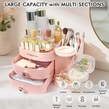 Makeup Organizer Countertop with Drawers, Make up Organizers for Vanity, Skincare Jewelry Earring Organizers, Cosmetic Display Cases Makeup Storage for Bedroom & Bathroom, Ideal Gifts for Women(Pink)