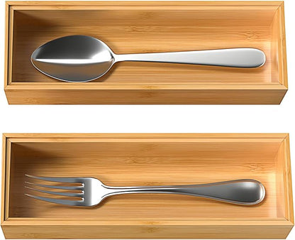 VeyFey Silverware Tray for Drawer, Stackable Kitchen Bamboo Drawer Organizer 9" x 3" x 2" Set of 2