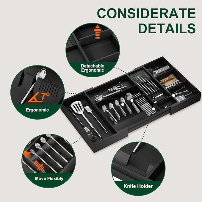 Bamboo Silverware Drawer Organizer, 17.72-29.53 Inch Expandable Large Kitchen Drawer Organizer, 5-8 Slot Flatware with Removable Card Slots & Knife Block for Spoon Butter Knive, Black