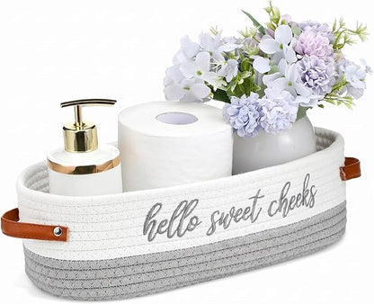 Hello Sweet Cheeks Bathroom Decoration Grey and White Cotton Rope Toilet Basket Toilet Paper Holder Basket Rustic Bathroom Organizer Farmhouse Home Decoration Organizing Small Baskets