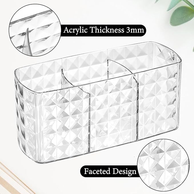 2 Pcs Makeup Brush Holder for Vanity Acrylic Makeup Brush Organizer 3 Compartment Cosmetic Organizer Clear Vanity Organizers for Brushes Pencils Pens Bathroom Living Room Desk