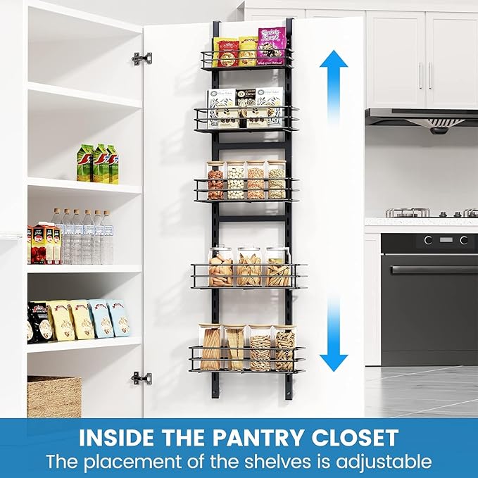 5-Tier Over the Door Pantry Organizer,Cabinet Door Organizer,Kitchen Pantry Door Organizers and Storage,Over the Door Spice Rack,Behind the Door Storage,Door Hanging Organizer,Black