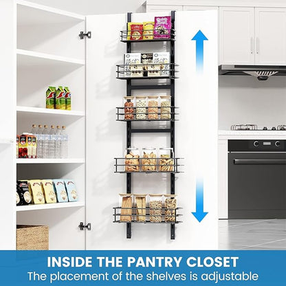 5-Tier Over the Door Pantry Organizer,Cabinet Door Organizer,Kitchen Pantry Door Organizers and Storage,Over the Door Spice Rack,Behind the Door Storage,Door Hanging Organizer,Black
