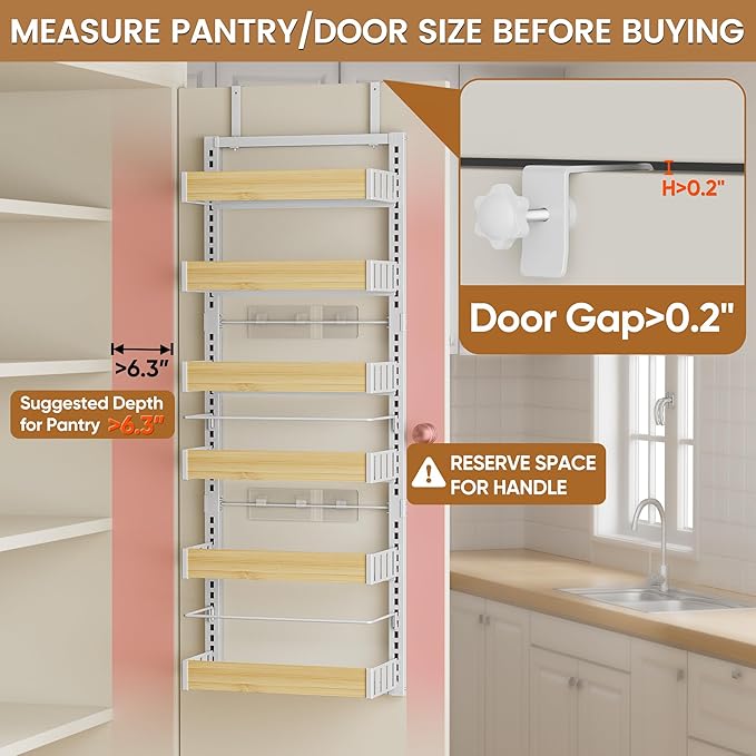 POKIPO 6 Tier Over The Door Pantry Organizer, 2-in-1 Door Hanging or Wall Mounted Spice Rack, Large Heavy Duty Pantry Door Storage Seasoning Shelves with Adjustable Basket for Kitchen Bathroom Closet