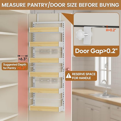 POKIPO 6 Tier Over The Door Pantry Organizer, 2-in-1 Door Hanging or Wall Mounted Spice Rack, Large Heavy Duty Pantry Door Storage Seasoning Shelves with Adjustable Basket for Kitchen Bathroom Closet