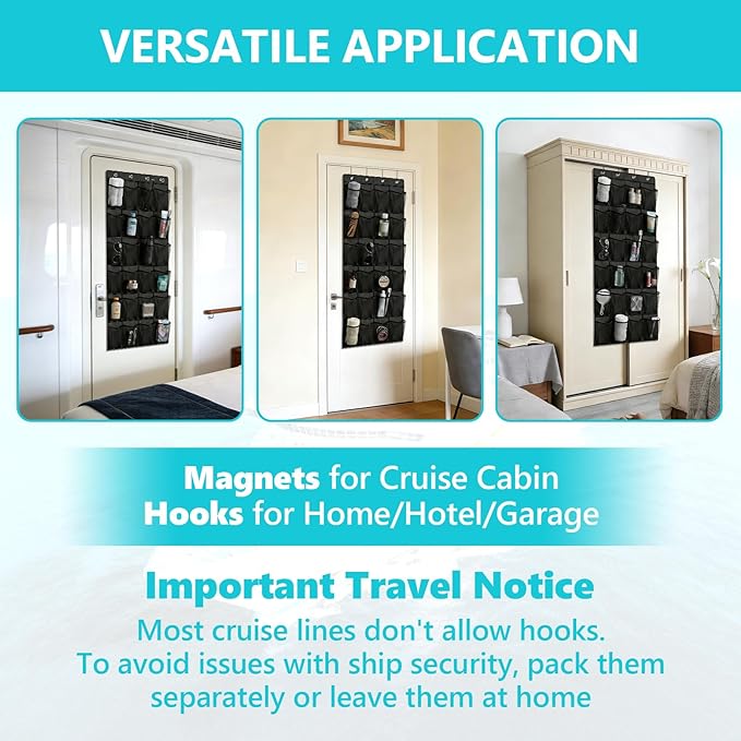 Esoes Cruise Ship Magnetic Door Organizer, 24 Pockets Magnetic Behind the Door Shoe Rack-4 Strong Anti-Scratch Magnets, Over the Door Organizer Cruise Essentials Storage for Cruise Cabin Travel