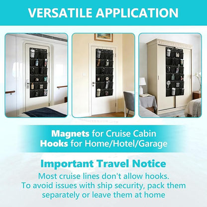 Esoes Cruise Ship Magnetic Door Organizer, 24 Pockets Magnetic Behind the Door Shoe Rack-4 Strong Anti-Scratch Magnets, Over the Door Organizer Cruise Essentials Storage for Cruise Cabin Travel