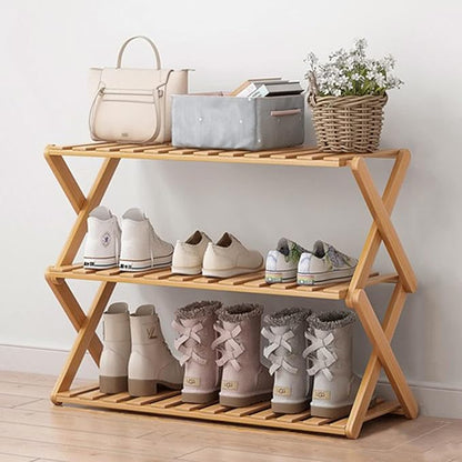 3 Tier Bamboo Shoe Rack,Portable Folding Shoe Storage Rack,Without Installation Small Shoe Rack Perfect for Corridors, Bedrooms and Small Spaces (3 Tier)