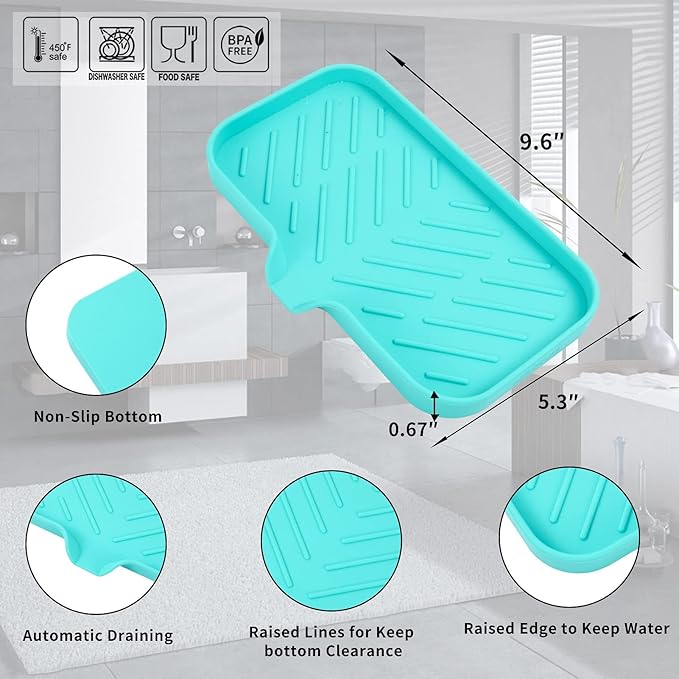 MicoYang Silicone Bathroom Soap Dishes with Drain Spout-Bathroom and Kitchen Sink Organizer,Sponge Holder,Dish Soap Tray,Perfect for Dispenser,Scrubber,Bottle,Cup on Sink or Counter-Mint 9.6"×5.3"