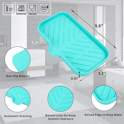 MicoYang Silicone Bathroom Soap Dishes with Drain Spout-Bathroom and Kitchen Sink Organizer,Sponge Holder,Dish Soap Tray,Perfect for Dispenser,Scrubber,Bottle,Cup on Sink or Counter-Mint 9.6"×5.3"